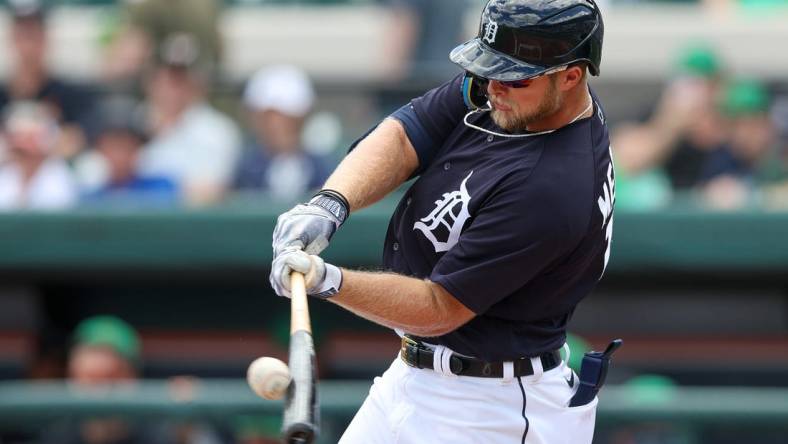 Mar 17, 2023; Lakeland, Florida, USA;  Detroit Tigers right fielder Austin Meadows (17) at bat against the New York Yankees in the first inning during spring training at Publix Field at Joker Marchant Stadium. Mandatory Credit: Nathan Ray Seebeck-USA TODAY Sports