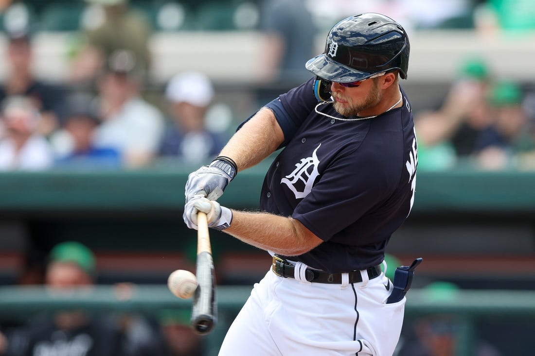 Mar 17, 2023; Lakeland, Florida, USA;  Detroit Tigers right fielder Austin Meadows (17) at bat against the New York Yankees in the first inning during spring training at Publix Field at Joker Marchant Stadium. Mandatory Credit: Nathan Ray Seebeck-USA TODAY Sports