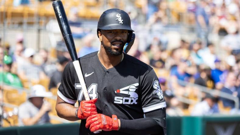 Mar 17, 2023; Phoenix, Arizona, USA; Chicago White Sox outfielder Eloy Jimenez against the Chicago Cubs during a spring training game at Camelback Ranch-Glendale. Mandatory Credit: Mark J. Rebilas-USA TODAY Sports