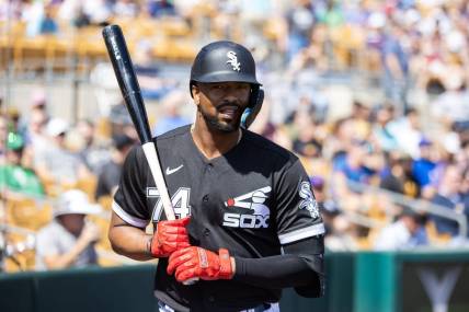 Mar 17, 2023; Phoenix, Arizona, USA; Chicago White Sox outfielder Eloy Jimenez against the Chicago Cubs during a spring training game at Camelback Ranch-Glendale. Mandatory Credit: Mark J. Rebilas-USA TODAY Sports