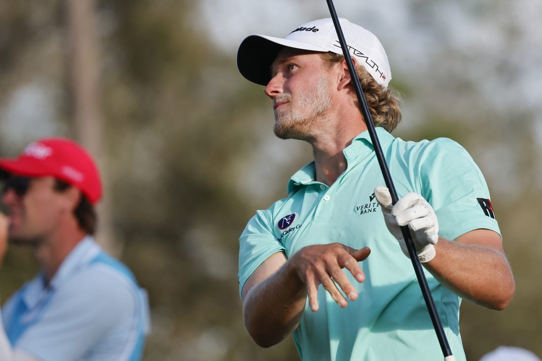 Mar 17, 2023; Palm Harbor, Florida, USA; Austin Smotherman plays his shot from the sixth tee during the second round of the Valspar Championship golf tournament. Mandatory Credit: Reinhold Matay-USA TODAY Sports