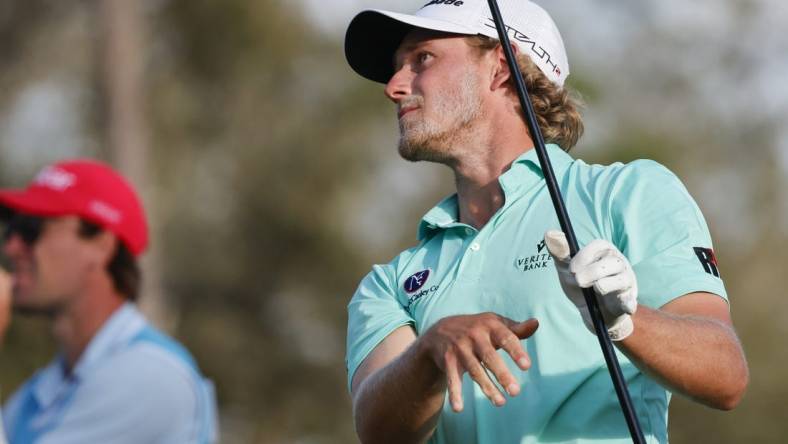 Mar 17, 2023; Palm Harbor, Florida, USA; Austin Smotherman plays his shot from the sixth tee during the second round of the Valspar Championship golf tournament. Mandatory Credit: Reinhold Matay-USA TODAY Sports