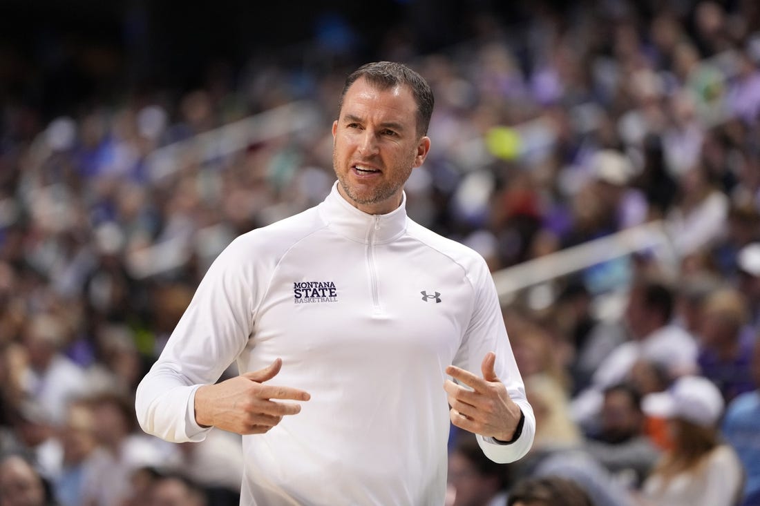 Mar 17, 2023; Greensboro, NC, USA; Montana State Bobcats head coach Danny Sprinkle reacts in the first half against the Kansas State Wildcats at Greensboro Coliseum. Mandatory Credit: Bob Donnan-USA TODAY Sports