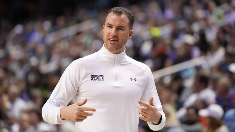 Mar 17, 2023; Greensboro, NC, USA; Montana State Bobcats head coach Danny Sprinkle reacts in the first half against the Kansas State Wildcats at Greensboro Coliseum. Mandatory Credit: Bob Donnan-USA TODAY Sports