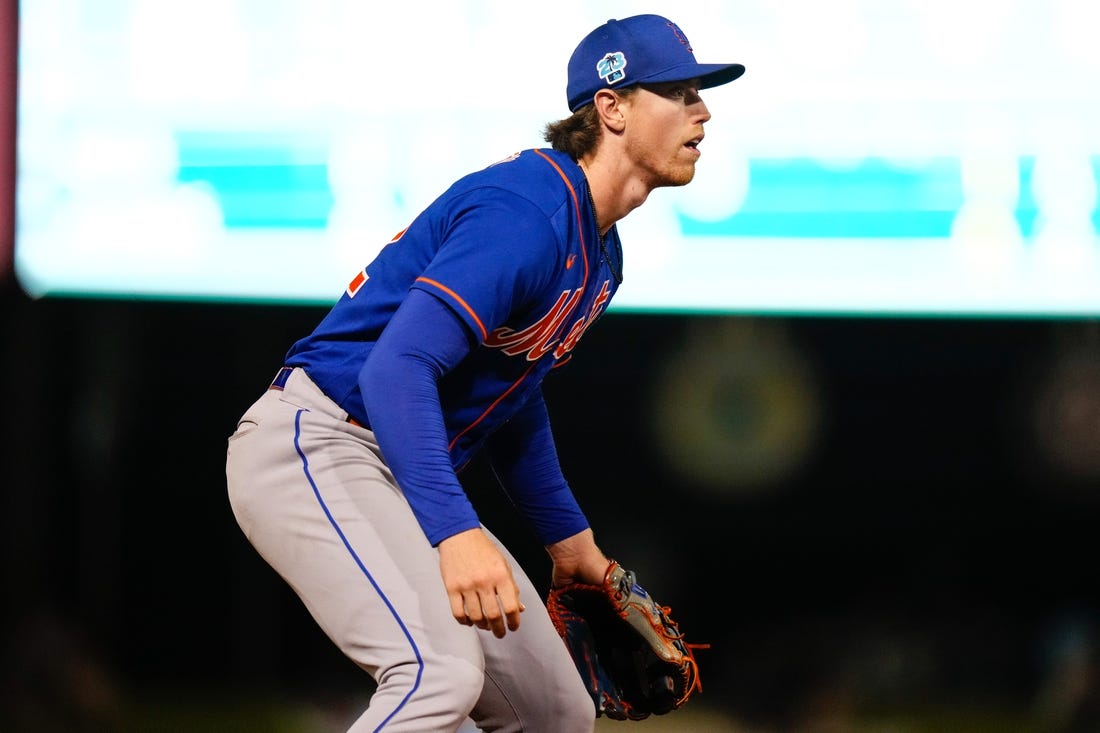 Mar 18, 2023; West Palm Beach, Florida, USA; New York Mets third baseman Brett Baty (22) watches a pitch against the Houston Astros during the seventh inning at The Ballpark of the Palm Beaches. Mandatory Credit: Rich Storry-USA TODAY Sports