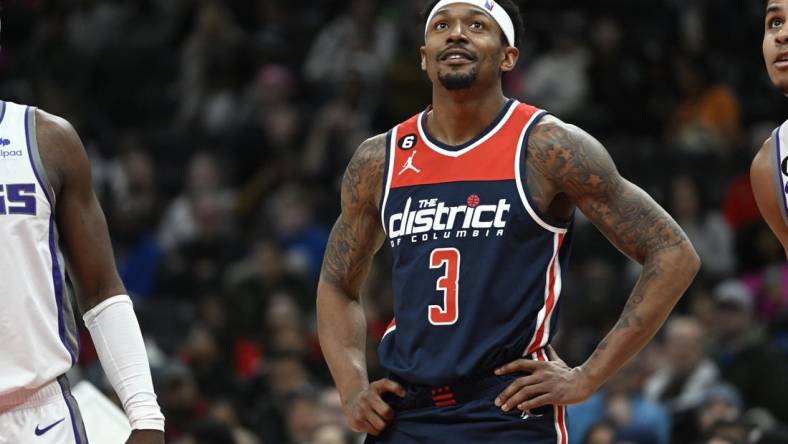 Mar 18, 2023; Washington, District of Columbia, USA; Washington Wizards guard Bradley Beal (3) looks on against the Sacramento Kings during the second half at Capital One Arena. Mandatory Credit: Brad Mills-USA TODAY Sports