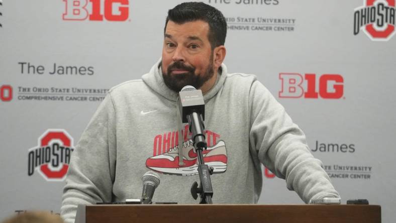 Mar 21, 2023; Columbus, OH, USA; Ohio State University football coach Ryan Day answers a question about quarterbacks during the 2023 Spring Practices. Mandatory Credit: Doral Chenoweth-The Columbus Dispatch

Ryan Day 01 Jpg