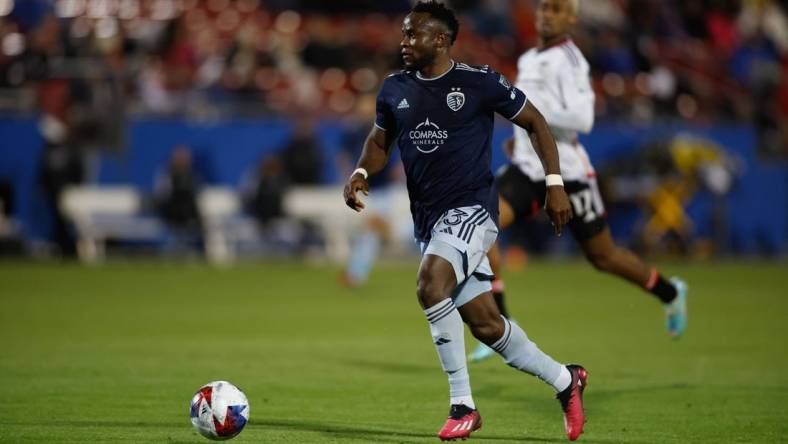 Mar 18, 2023; Frisco, Texas, USA; Sporting Kansas City forward Willy Agada (23) controls the ball against FC Dallas in the first half at Toyota Stadium. Mandatory Credit: Tim Heitman-USA TODAY Sports