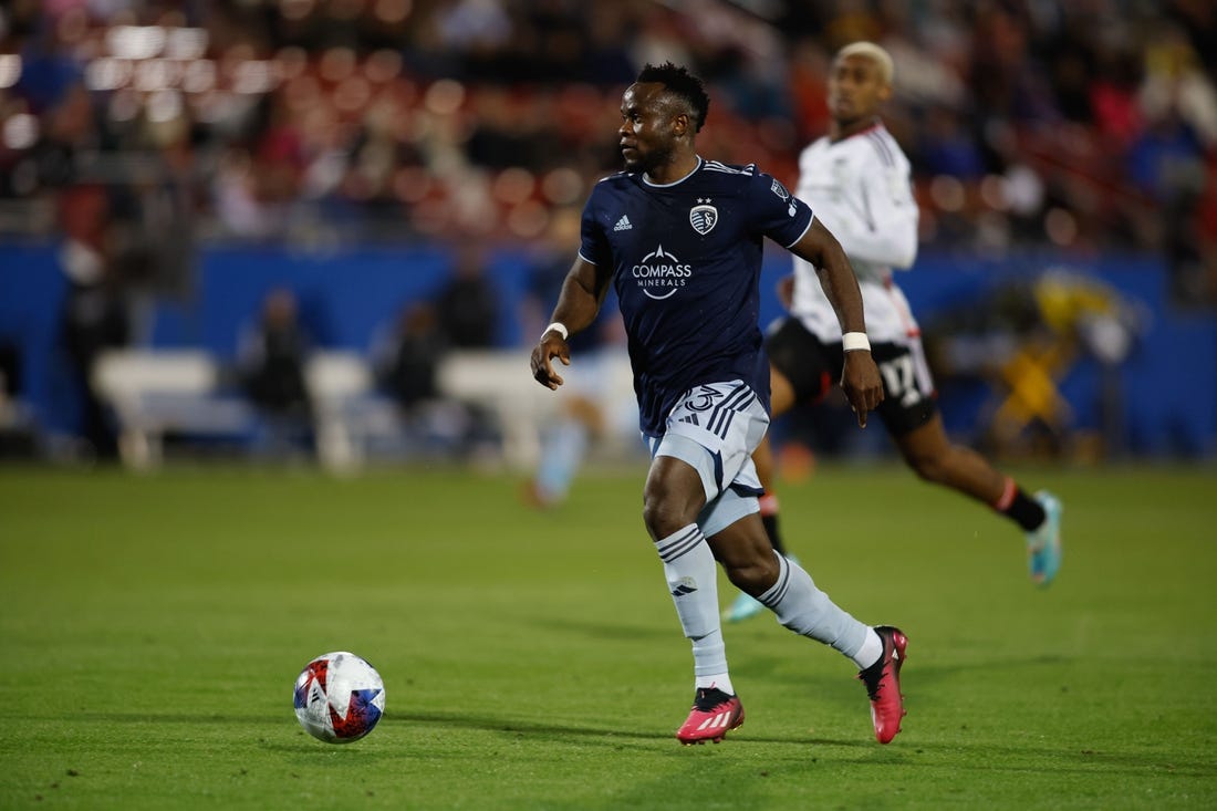 Mar 18, 2023; Frisco, Texas, USA; Sporting Kansas City forward Willy Agada (23) controls the ball against FC Dallas in the first half at Toyota Stadium. Mandatory Credit: Tim Heitman-USA TODAY Sports