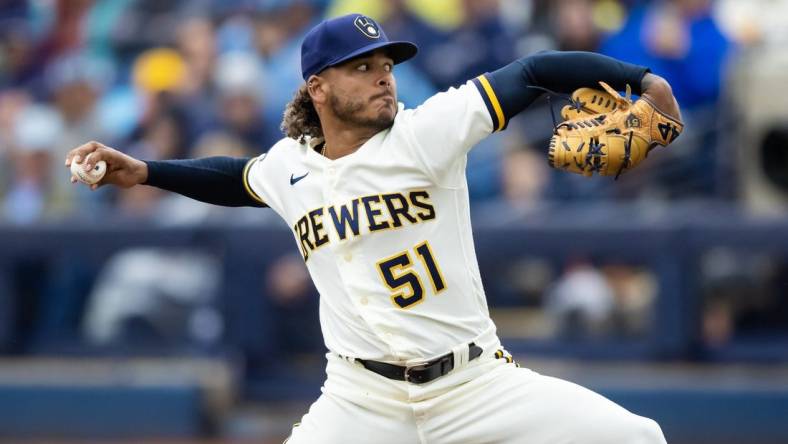 Mar 21, 2023; Phoenix, Arizona, USA; Milwaukee Brewers pitcher Freddy Peralta against the Chicago White Sox during a spring training game at American Family Fields of Phoenix. Mandatory Credit: Mark J. Rebilas-USA TODAY Sports