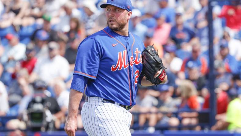 Mar 22, 2023; Port St. Lucie, Florida, USA; New York Mets relief pitcher Tommy Hunter walks off of the mound following the seventh inning against the Houston Astros at Clover Park. Mandatory Credit: Reinhold Matay-USA TODAY Sports