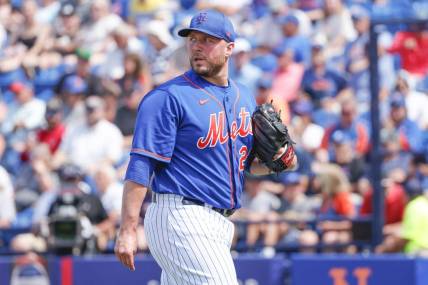 Mar 22, 2023; Port St. Lucie, Florida, USA; New York Mets relief pitcher Tommy Hunter walks off of the mound following the seventh inning against the Houston Astros at Clover Park. Mandatory Credit: Reinhold Matay-USA TODAY Sports