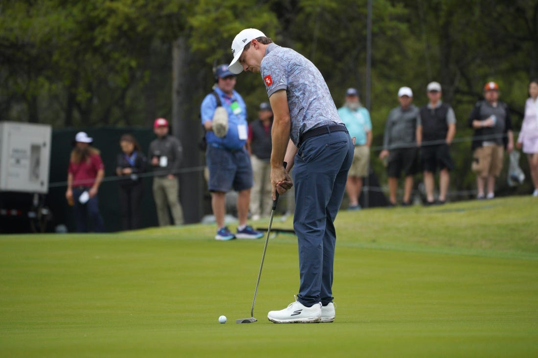 Mar 22, 2023; Austin, Texas, USA; Matt Fitzpatrick putts during the first round of the World Golf Championships-Dell Technologies Match Play golf tournament. Mandatory Credit: Dustin Safranek-USA TODAY Sports