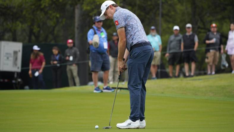 Mar 22, 2023; Austin, Texas, USA; Matt Fitzpatrick putts during the first round of the World Golf Championships-Dell Technologies Match Play golf tournament. Mandatory Credit: Dustin Safranek-USA TODAY Sports