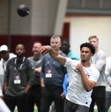 Mar 23, 2023; Tuscaloosa, AL, USA;  Quarterback Bryce Young throws during Pro Day at Hank Crisp Indoor Practice Facility on the campus of the University of Alabama. Mandatory Credit: Gary Cosby Jr.-Tuscaloosa News

Ncaa Football University Of Alabama Pro Day