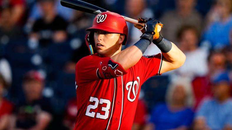 Mar 23, 2023; West Palm Beach, Florida, USA; Washington Nationals left fielder Corey Dickerson (23) at the plate against the Houston Astros during the third inning at The Ballpark of the Palm Beaches. Mandatory Credit: Rich Storry-USA TODAY Sports