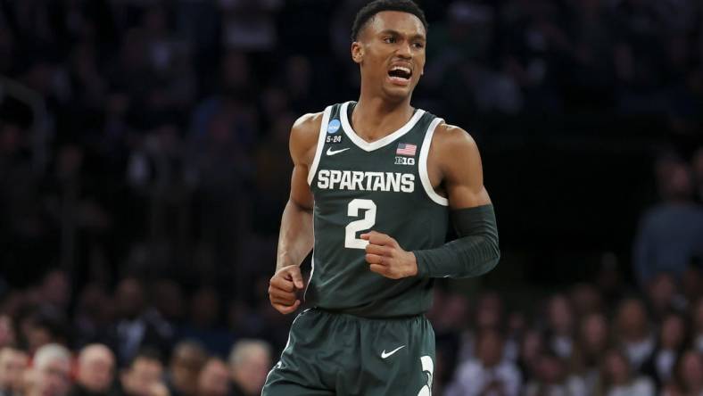 Mar 23, 2023; New York, NY, USA;  Michigan State Spartans guard Tyson Walker (2) reacts against the Kansas State Wildcats in overtime at Madison Square Garden. Mandatory Credit: Brad Penner-USA TODAY Sports