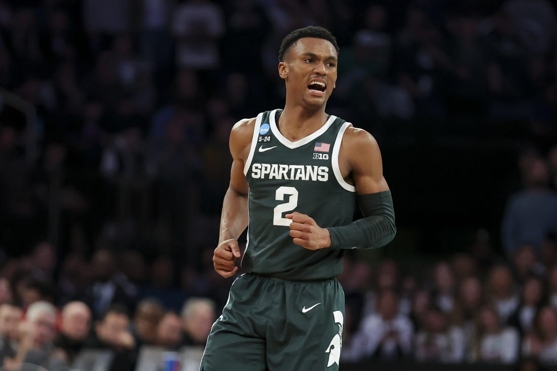 Mar 23, 2023; New York, NY, USA;  Michigan State Spartans guard Tyson Walker (2) reacts against the Kansas State Wildcats in overtime at Madison Square Garden. Mandatory Credit: Brad Penner-USA TODAY Sports