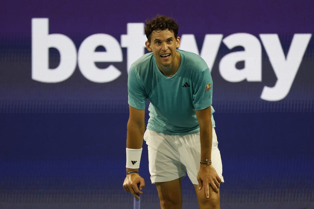 Mar 23, 2023; Miami, Florida, US; Dominic Thiem (AUT) reacts after missing a shot against Lorenzo Sonego (ITA) (not pictured) on day four of the Miami Open at Hard Rock Stadium. Mandatory Credit: Geoff Burke-USA TODAY Sports