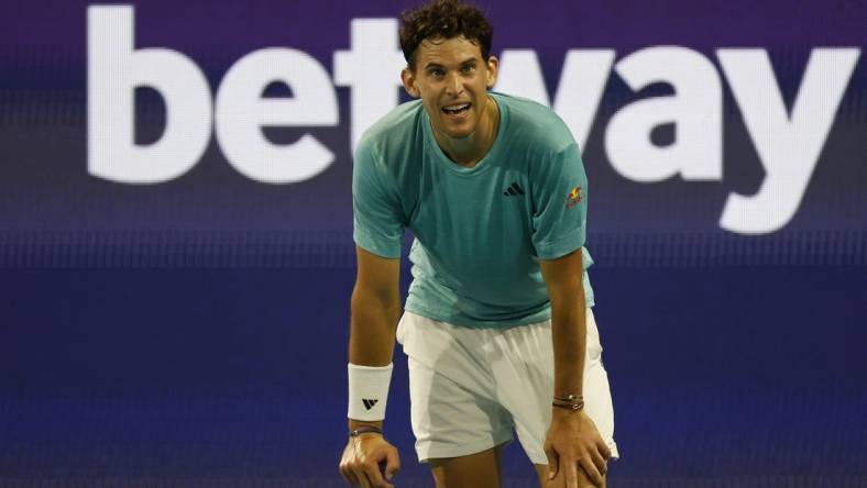 Mar 23, 2023; Miami, Florida, US; Dominic Thiem (AUT) reacts after missing a shot against Lorenzo Sonego (ITA) (not pictured) on day four of the Miami Open at Hard Rock Stadium. Mandatory Credit: Geoff Burke-USA TODAY Sports