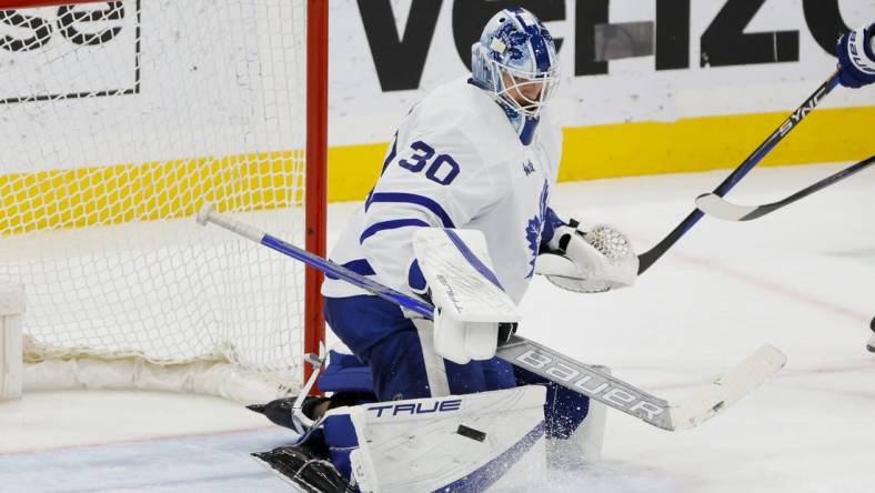 Mar 23, 2023; Sunrise, Florida, USA; Toronto Maple Leafs goaltender Matt Murray (30) makes a save during the third period against the Florida Panthers at FLA Live Arena. Mandatory Credit: Sam Navarro-USA TODAY Sports