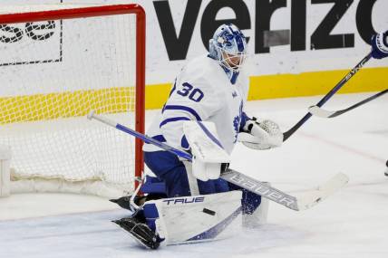 Mar 23, 2023; Sunrise, Florida, USA; Toronto Maple Leafs goaltender Matt Murray (30) makes a save during the third period against the Florida Panthers at FLA Live Arena. Mandatory Credit: Sam Navarro-USA TODAY Sports
