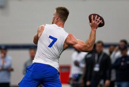 University of Kentucky senior quarterback Will Levis launched the ball downfield during a Pro Day workout at Nutter Field House in Lexington, Ky., on Friday, Mar. 24, 2023

Jf Uk Pro Day Aj4t0804