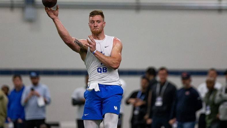 University of Kentucky senior quarterback Will Levis showed his passing form during a Pro Day workout at Nutter Field House in Lexington, Ky., on Friday, Mar. 24, 2023

Jf Uk Pro Day Aj4t0740