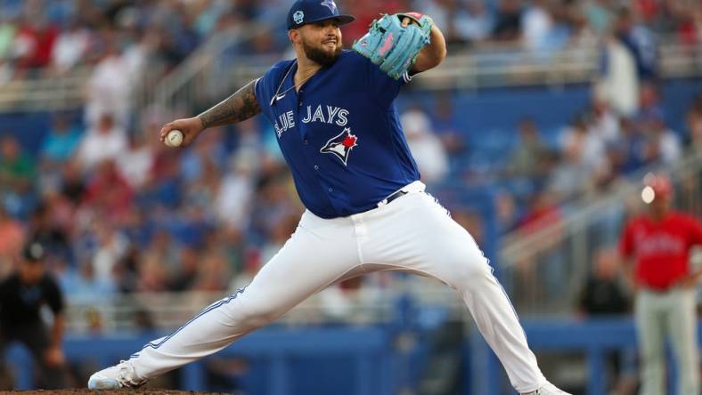 Mar 24, 2023; Dunedin, Florida, USA;  Toronto Blue Jays starting pitcher Alek Manoah (6) throws a pitch against the Philadelphia Phillies in the sixth inning during spring training at TD Ballpark. Mandatory Credit: Nathan Ray Seebeck-USA TODAY Sports