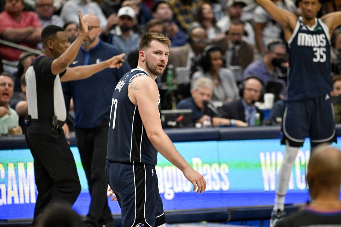 Mar 22, 2023; Dallas, Texas, USA; Dallas Mavericks guard Luka Doncic (77) during the game between the Dallas Mavericks and the Golden State Warriors at the American Airlines Center. Mandatory Credit: Jerome Miron-USA TODAY Sports