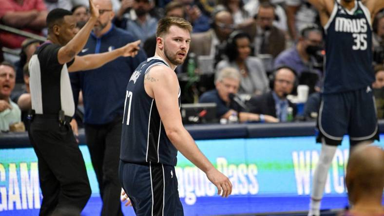 Mar 22, 2023; Dallas, Texas, USA; Dallas Mavericks guard Luka Doncic (77) during the game between the Dallas Mavericks and the Golden State Warriors at the American Airlines Center. Mandatory Credit: Jerome Miron-USA TODAY Sports