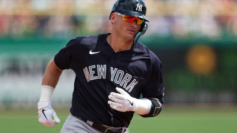 Mar 25, 2023; Clearwater, Florida, USA;  New York Yankees third baseman Josh Donaldson (28) rounds the bases after hitting a two-run home run against the Philadelphia Phillies in the first inning during spring training at BayCare Ballpark. Mandatory Credit: Nathan Ray Seebeck-USA TODAY Sports