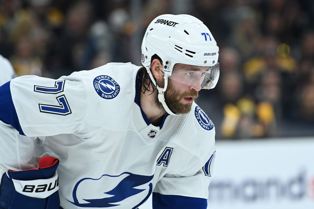 Mar 25, 2023; Boston, Massachusetts, USA;  Tampa Bay Lightning defenseman Victor Hedman (77) gets set for a face-off during the third period against the Boston Bruins at TD Garden. Mandatory Credit: Bob DeChiara-USA TODAY Sports