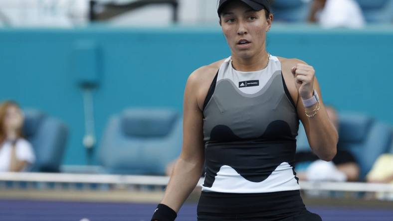 Mar 25, 2023; Miami, Florida, US; Jessica Pegula (USA) reacts after winning a point against Danielle Collins (USA) (not pictured) on day six of the Miami Open at Hard Rock Stadium. Mandatory Credit: Geoff Burke-USA TODAY Sports