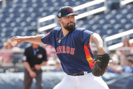 Mar 26, 2023; West Palm Beach, Florida, USA;  Houston Astros starting pitcher Jose Urquidy (65) throws a pitch during the first inning against the St. Louis Cardinals at The Ballpark of the Palm Beaches. Mandatory Credit: Reinhold Matay-USA TODAY Sports