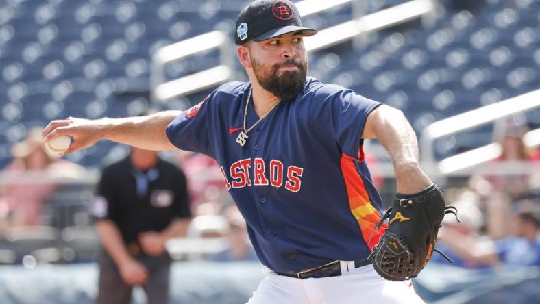 Mar 26, 2023; West Palm Beach, Florida, USA;  Houston Astros starting pitcher Jose Urquidy (65) throws a pitch during the first inning against the St. Louis Cardinals at The Ballpark of the Palm Beaches. Mandatory Credit: Reinhold Matay-USA TODAY Sports