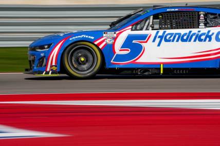 Hendrick Chevrolet driver Kyle Larson (5) speeds down the straightaway after turn 18 during the NASCAR EchoPark Automotive Grand Prix at the Circuit of the Americas on Sunday, Mar. 26, 2023 in Austin.

Aem Nascar Day 3 29