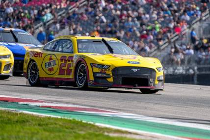 Shell Pennzoil Ford driver Joey Logano (22) rounds turn one during NASCAR EchoPark Automotive Grand Prix at the Circuit of the Americas on Sunday, Mar. 26, 2023 in Austin.

Aem Nascar Day 3 20