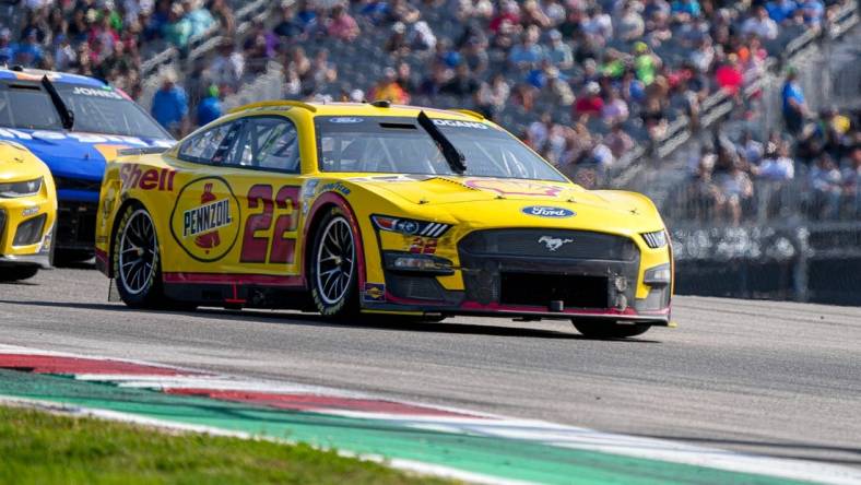 Shell Pennzoil Ford driver Joey Logano (22) rounds turn one during NASCAR EchoPark Automotive Grand Prix at the Circuit of the Americas on Sunday, Mar. 26, 2023 in Austin.

Aem Nascar Day 3 20