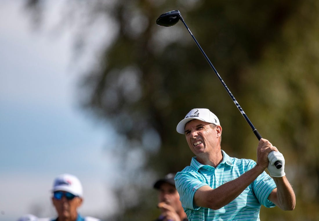 Steven Alker tees off on 18 during the final round of the Galleri Classic in Rancho Mirage, Calif., Sunday, March 26, 2023.