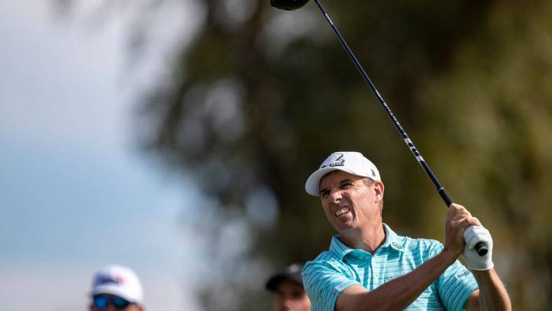 Steven Alker tees off on 18 during the final round of the Galleri Classic in Rancho Mirage, Calif., Sunday, March 26, 2023.