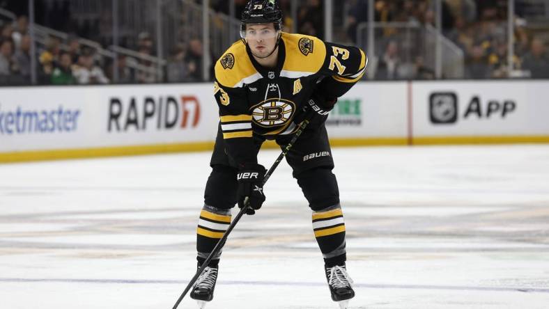 Mar 28, 2023; Boston, Massachusetts, USA; Boston Bruins defenseman Charlie McAvoy (73) during the first period against the Nashville Predators at TD Garden. Mandatory Credit: Winslow Townson-USA TODAY Sports