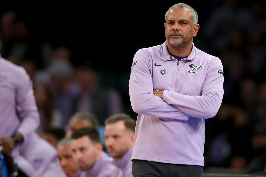 Mar 25, 2023; New York, NY, USA; Kansas State Wildcats head coach Jerome Tang coaches against the Florida Atlantic Owls during the first half at Madison Square Garden. Mandatory Credit: Brad Penner-USA TODAY Sports