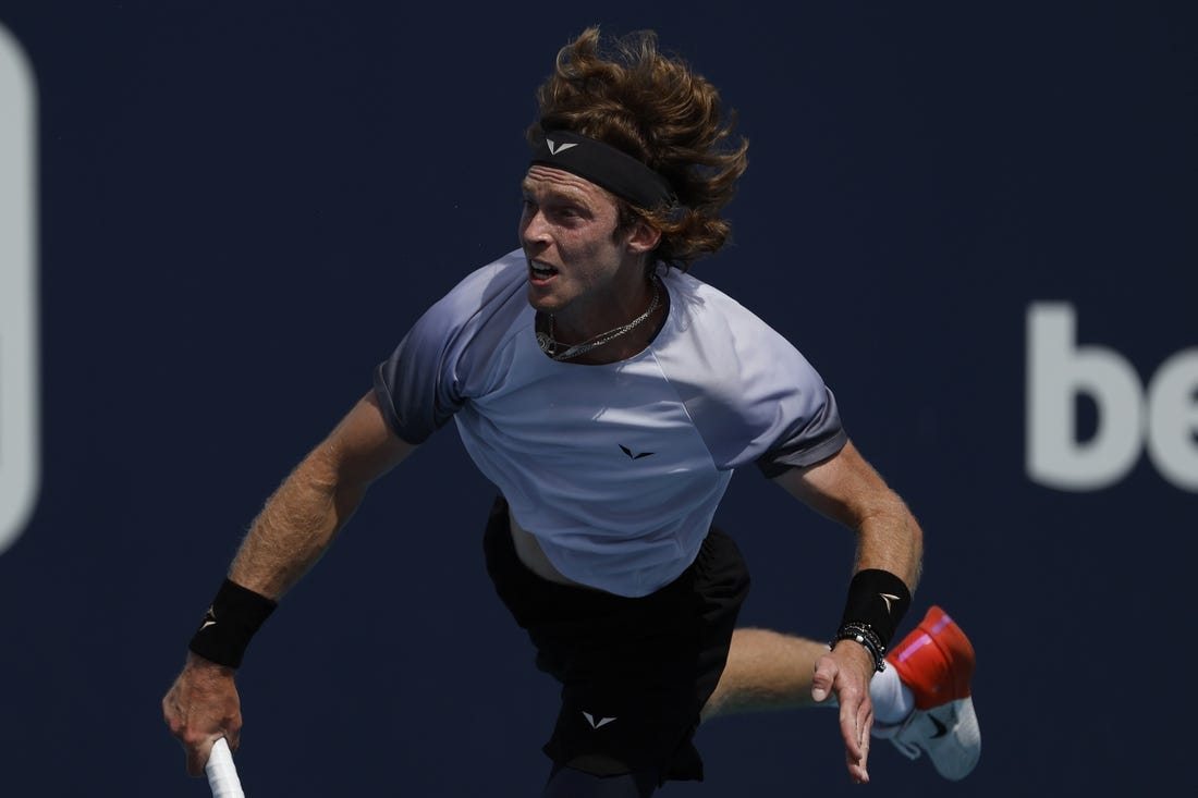 Mar 28, 2023; Miami, Florida, US; Andrey Rublev serves against Jannik Sinner (ITA) (not pictured) on day nine of the Miami Open at Hard Rock Stadium. Mandatory Credit: Geoff Burke-USA TODAY Sports