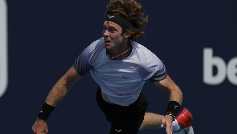 Mar 28, 2023; Miami, Florida, US; Andrey Rublev serves against Jannik Sinner (ITA) (not pictured) on day nine of the Miami Open at Hard Rock Stadium. Mandatory Credit: Geoff Burke-USA TODAY Sports