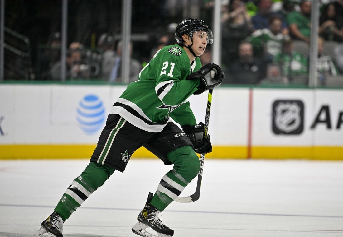 Mar 23, 2023; Dallas, Texas, USA; Dallas Stars left wing Jason Robertson (21) in action during the game between the Dallas Stars and the Pittsburgh Penguins at American Airlines Center. Mandatory Credit: Jerome Miron-USA TODAY Sports