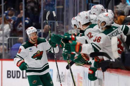 Mar 29, 2023; Denver, Colorado, USA; Minnesota Wild center Frederick Gaudreau (89) celebrates with the bench after his goal in the third period against the Colorado Avalanche at Ball Arena. Mandatory Credit: Isaiah J. Downing-USA TODAY Sports
