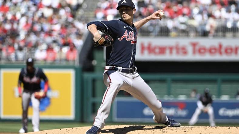 Mar 30, 2023; Washington, District of Columbia, USA; Atlanta Braves starting pitcher Max Fried (54) throws to the Washington Nationals during the first inning at Nationals Park. Mandatory Credit: Brad Mills-USA TODAY Sports