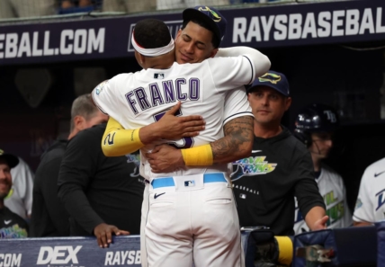 Mar 30, 2023; St. Petersburg, Florida, USA; Tampa Bay Rays shortstop Wander Franco (5) celebrates with center fielder Jose Siri (22) after he hits a home run against the Detroit Tigers during the eighth inning  at Tropicana Field. Mandatory Credit: Kim Klement-USA TODAY Sports