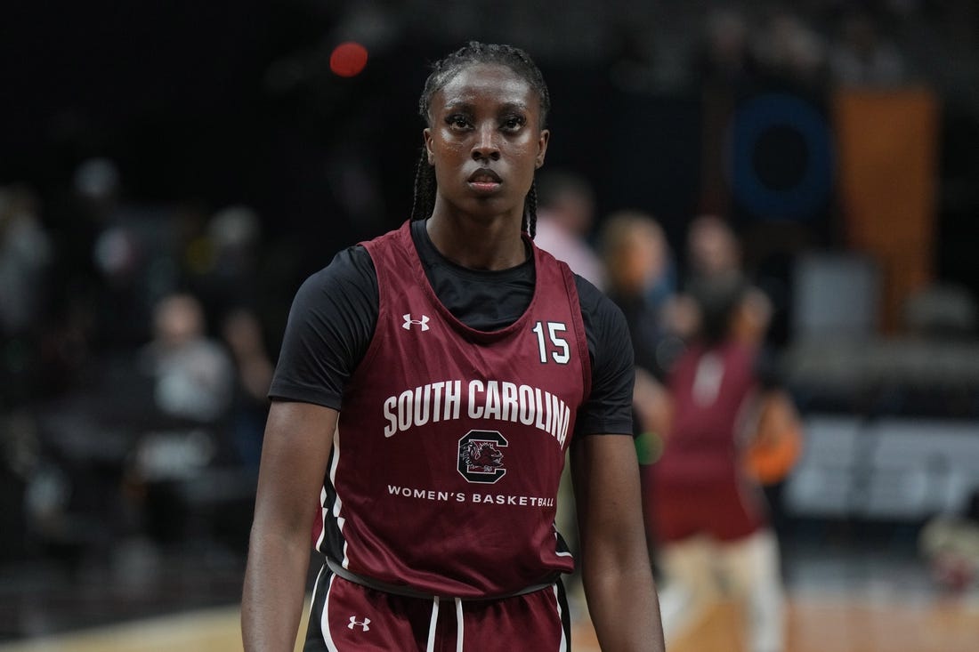 Mar 30, 2023; Dallas, TX, USA; South Carolina Gamecocks forward Laeticia Amihere (15) at the American Airlines Center. Mandatory Credit: Kirby Lee-USA TODAY Sports